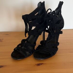 White House Black Market Black Suede Strappy Lace-Up Stiletto Heels